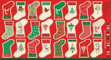 Stoffrapport Adventskalender Stiefel Breite 115cm, ca. 60cm Rapport 