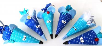 Geldgeschenk Mäuse o. Schultüten Bastelset für 4 Stück Blau/ Türkis 