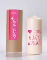Flamme, pink, HERZLICHEN GLÜCKWUNSCH Stumpenkerze groß, 18,5x7,8cm 