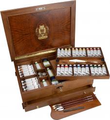 Mussini, feinste Ölfarben u. Zubehör Edelholztruhe 