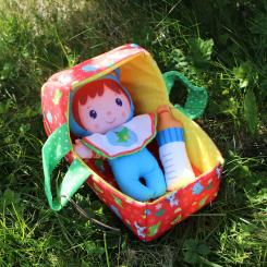 Set Babypuppe mit Tragekörbchen zum Nähen, blau, mit Anleitung 