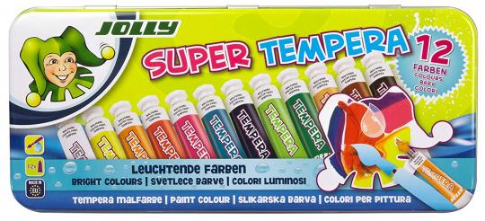 Jolly Super Tempera Malfarben, Tube 7,5ml sortiert, 12er-Metalletui 