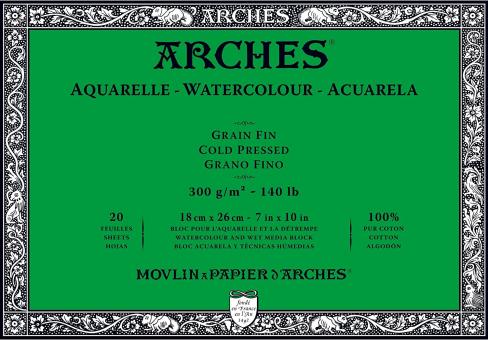 Arches Aquarell Block, Grain Fin naturweiß,18x26cm,300g/m²,20 Blatt 
