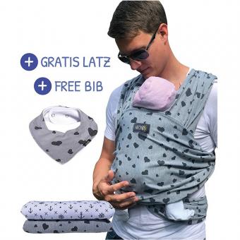 Babytragetuch grau mit Herzen inkl Baby-Lätzchen & Tasche,520x60cm 