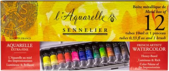 Sennelier Aquarellfarbe Metallkasten mit 12 Tuben a 10 ml plus Pinsel 