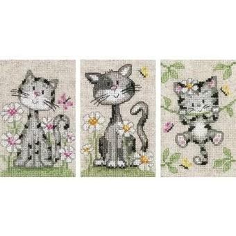 Miniatur Zählmusterpackung Set, Katzen mit Blumen, 8x12cm, 3 Designs 