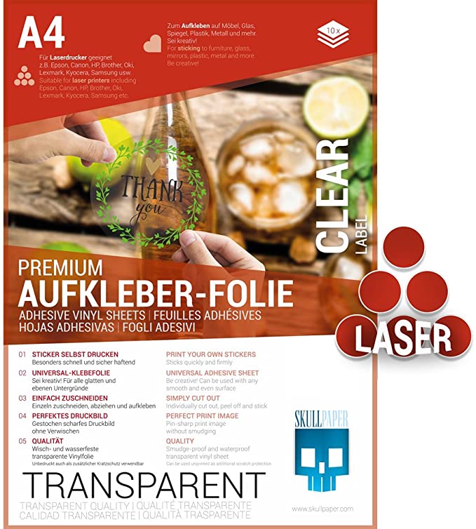 Hobbywelt Kreativshop, Aufkleber-Folie Transparent A4, 10 Blatt, für  Laserdrucker
